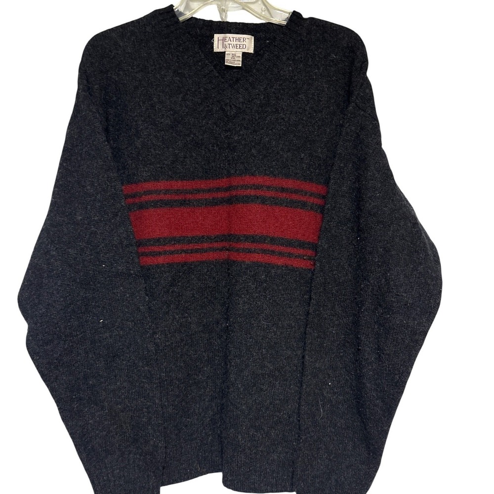 Heather & Tweed Mens XXL Wool Shetland Sweater Dark Gray Red Stripe‎ V Neck